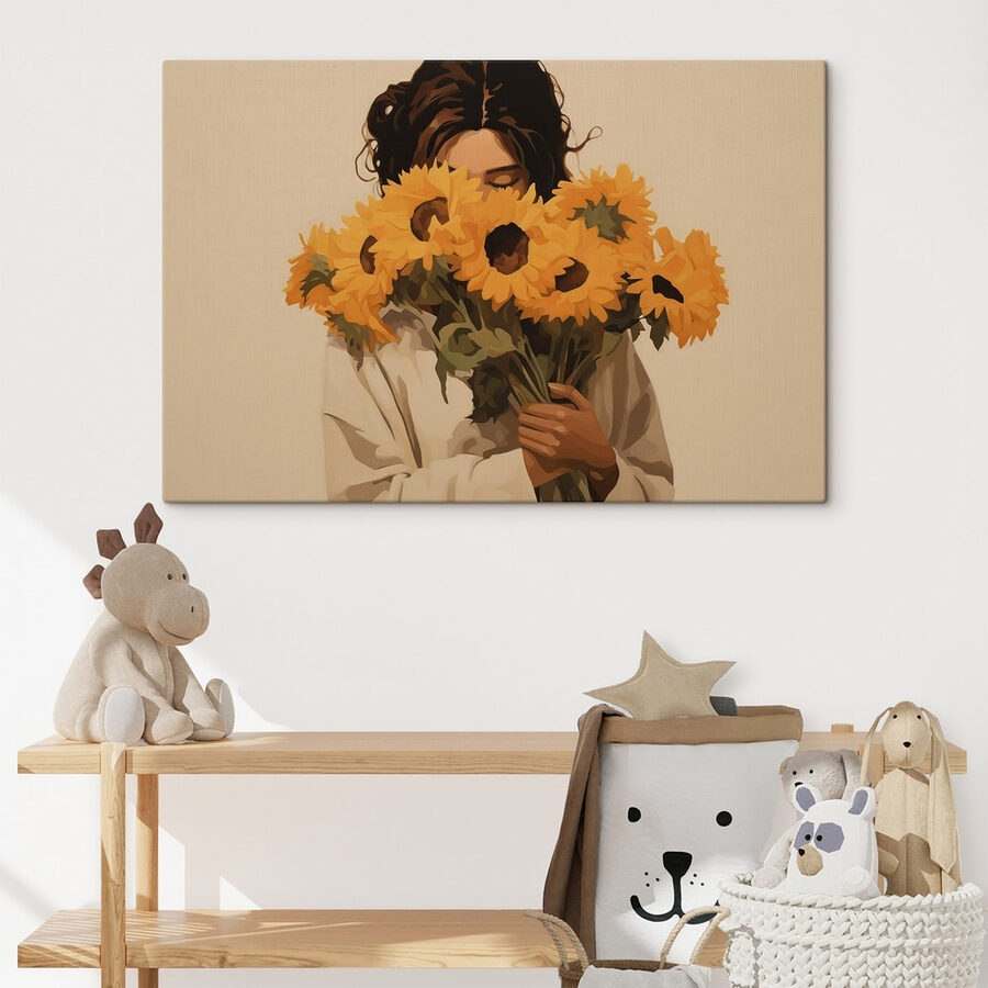 Vrouw met boeket zonnebloemen