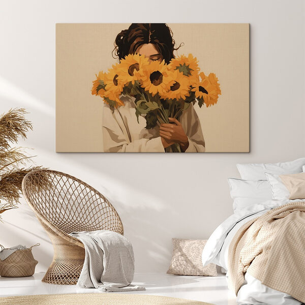 Vrouw met boeket zonnebloemen Vrouw met boeket zonnebloemen