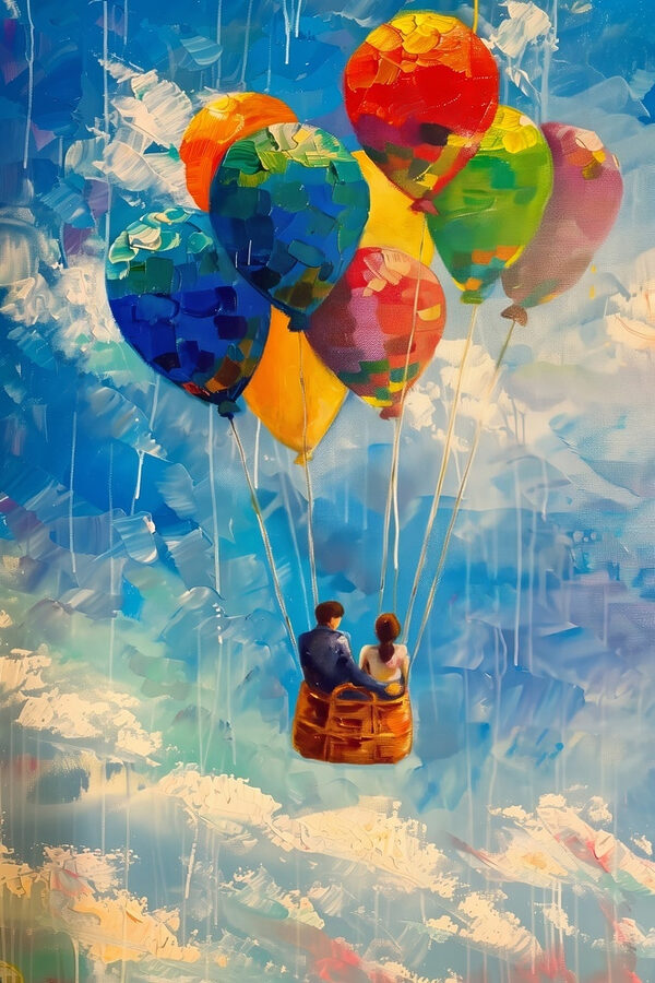 Schilderij van een stel in een mand met kleurrijke ballonnen Schilderij van een stel in een mand met kleurrijke ballonnen