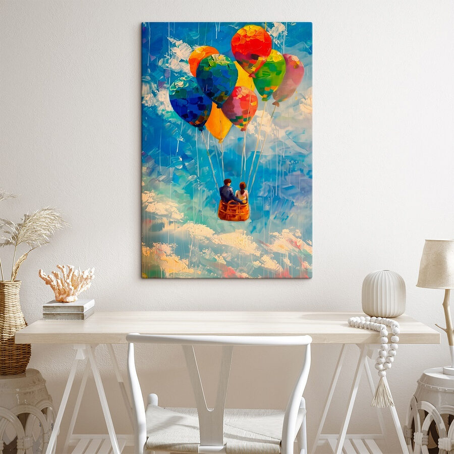 Schilderij van een stel in een mand met kleurrijke ballonnen