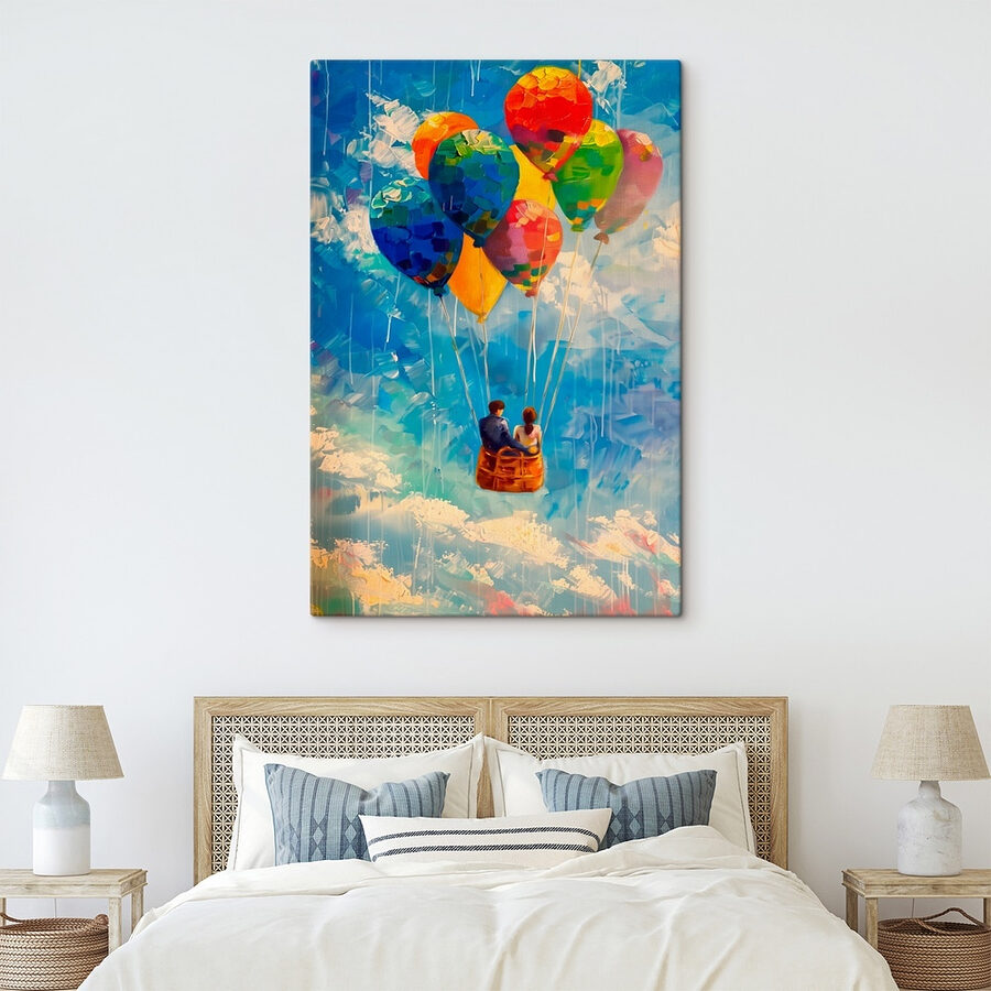 Schilderij van een stel in een mand met kleurrijke ballonnen