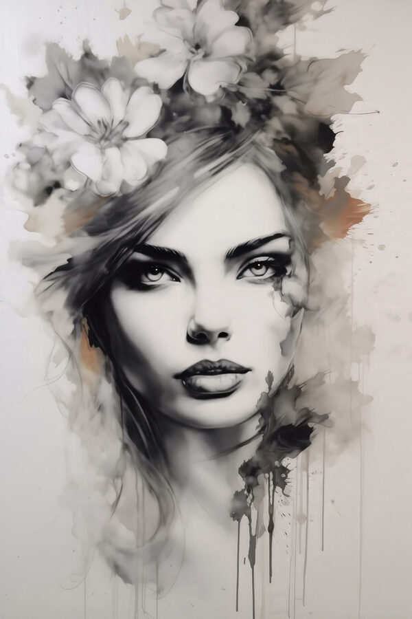 Schilderij van een vrouw met bloemen in haar haar Schilderij van een vrouw met bloemen in haar haar