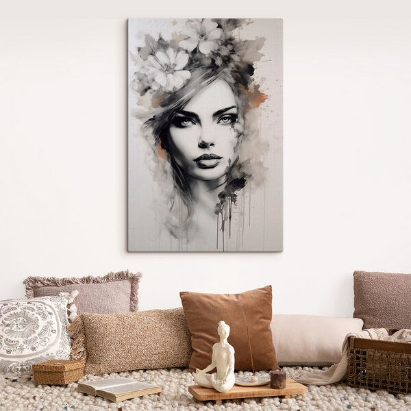 Schilderij van een vrouw met bloemen in haar haar Schilderij van een vrouw met bloemen in haar haar