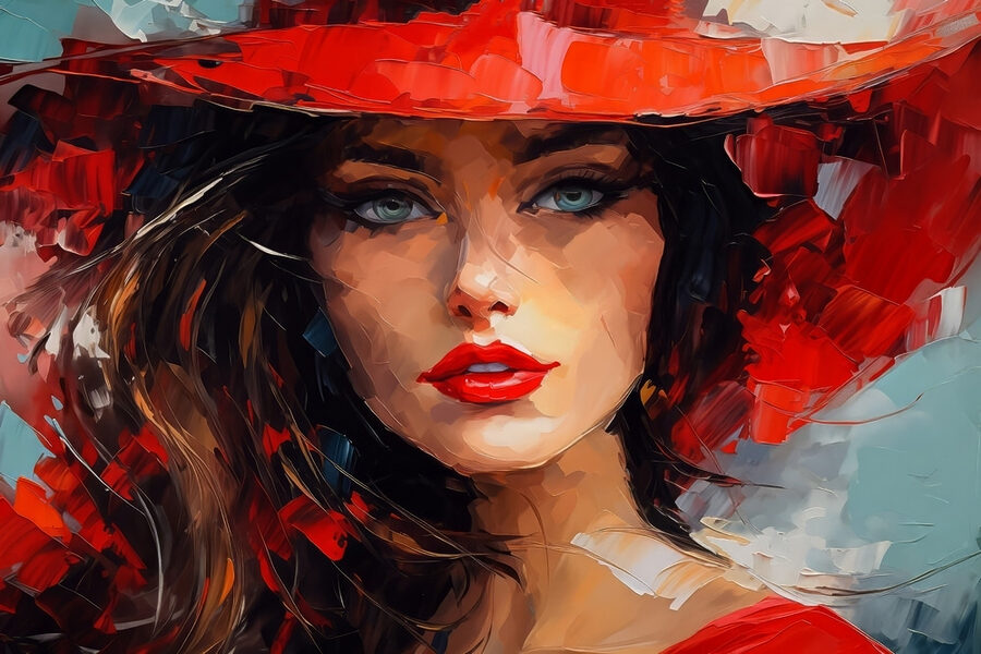 Schilderij van een vrouw met een rode hoed