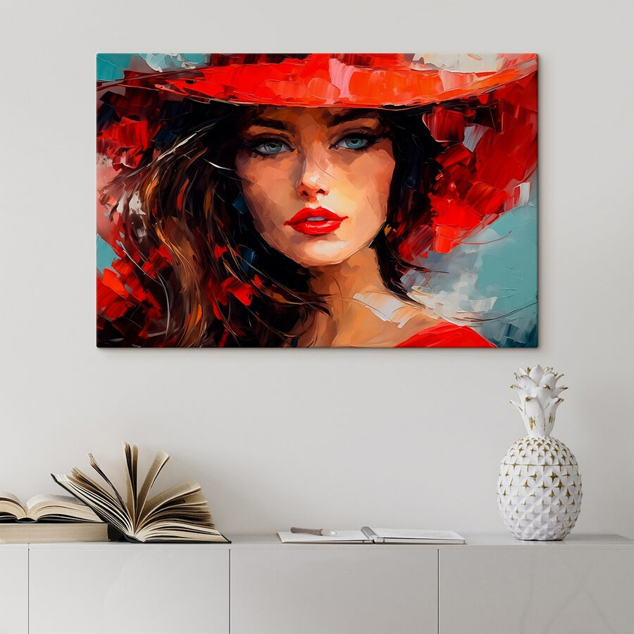 Schilderij van een vrouw met een rode hoed
