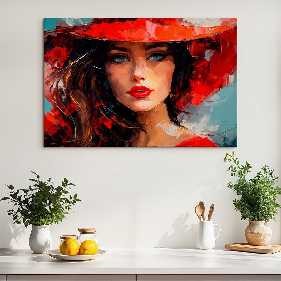 Schilderij van een vrouw met een rode hoed