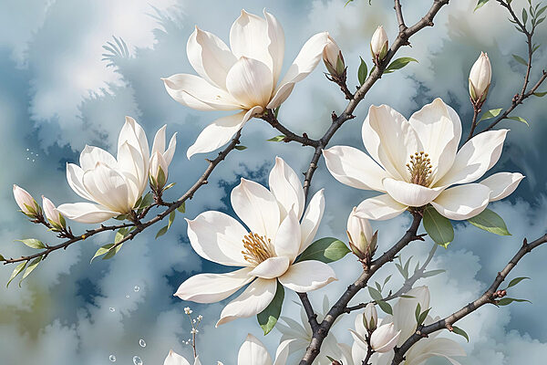 Groep witte bloemen op een boomtak Groep witte bloemen op een boomtak