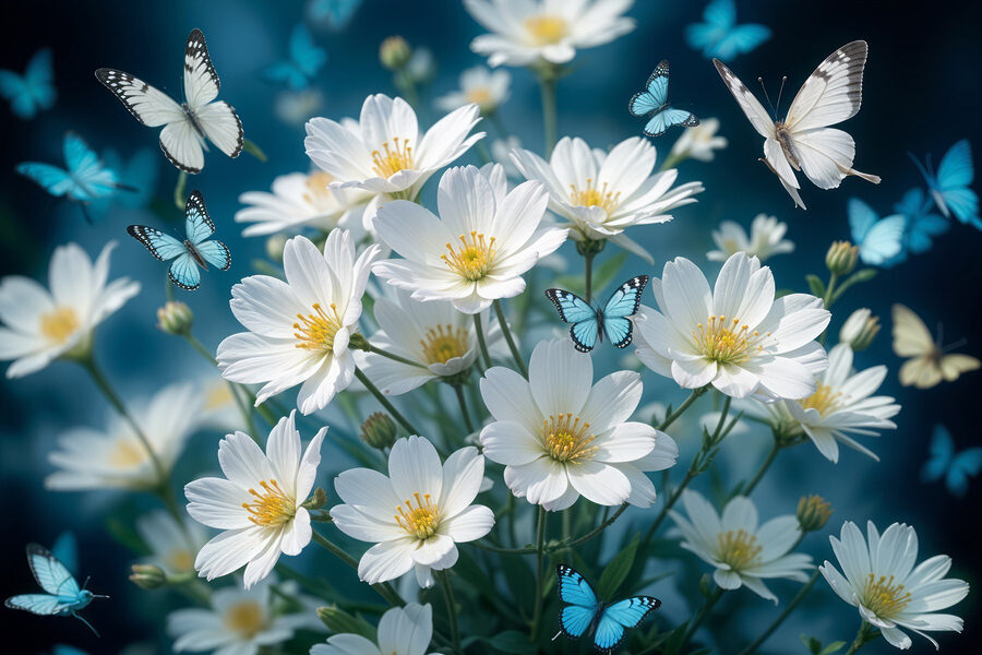 Groep vlinders vliegend rond een witte bloem