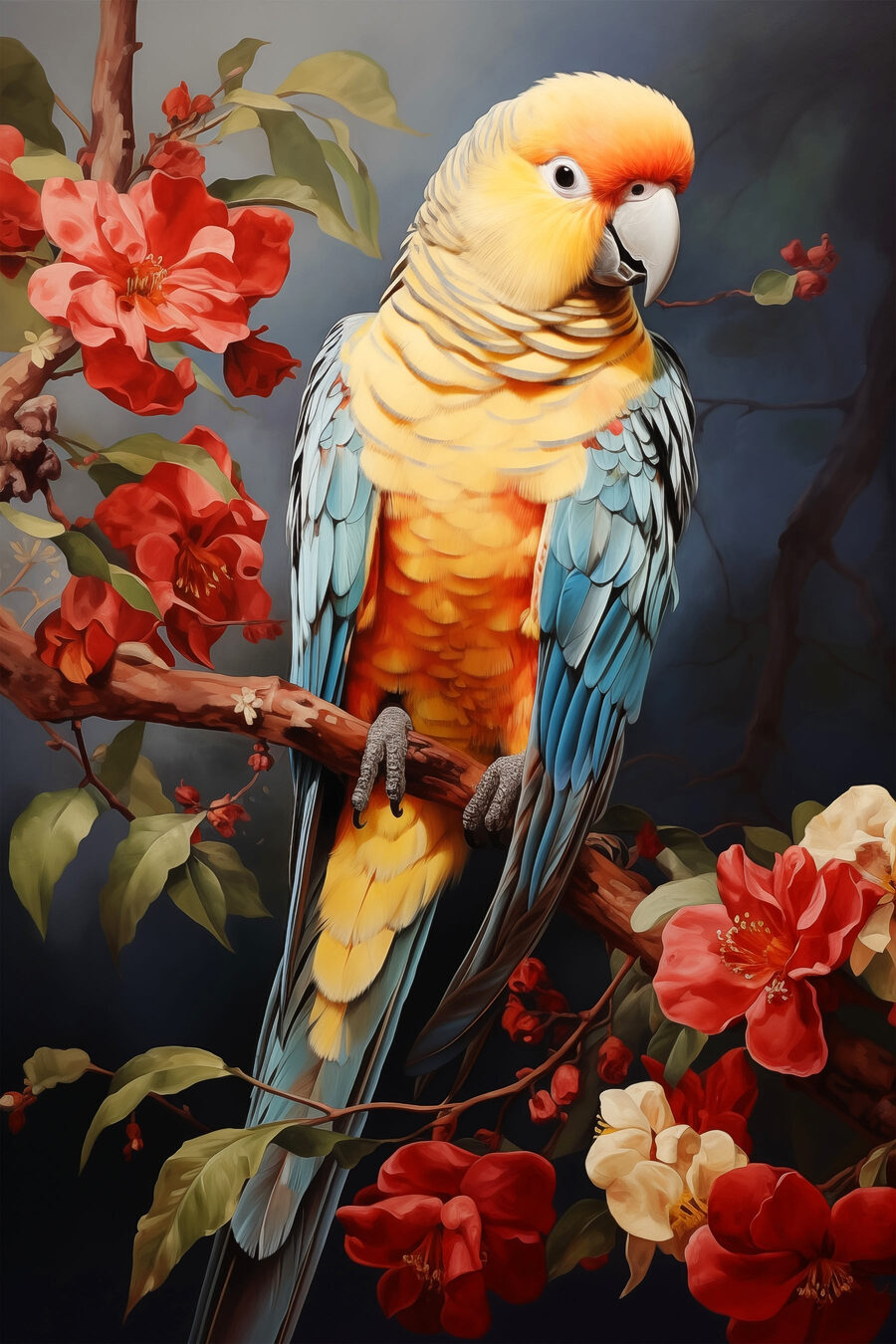 Kleurrijke vogel zittend op een tak met bloemen
