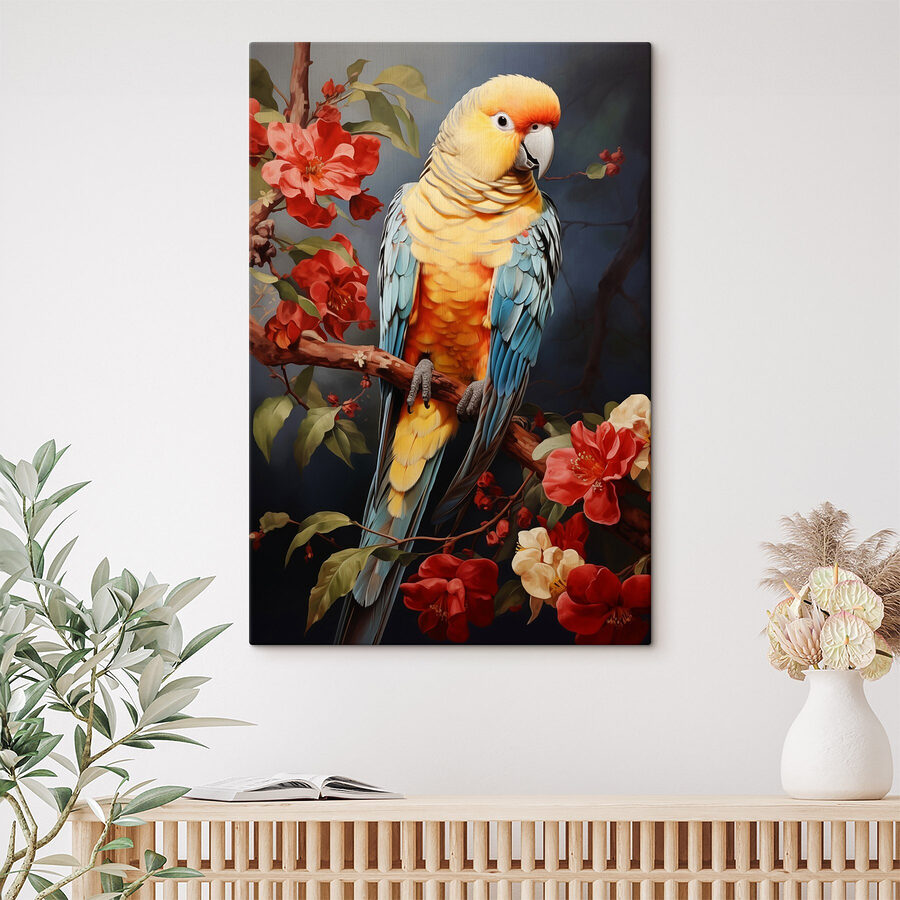 Kleurrijke vogel zittend op een tak met bloemen