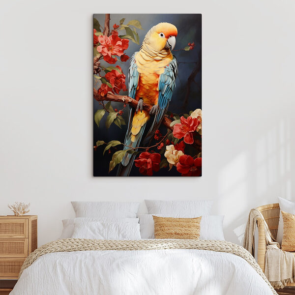 Kleurrijke vogel zittend op een tak met bloemen Kleurrijke vogel zittend op een tak met bloemen