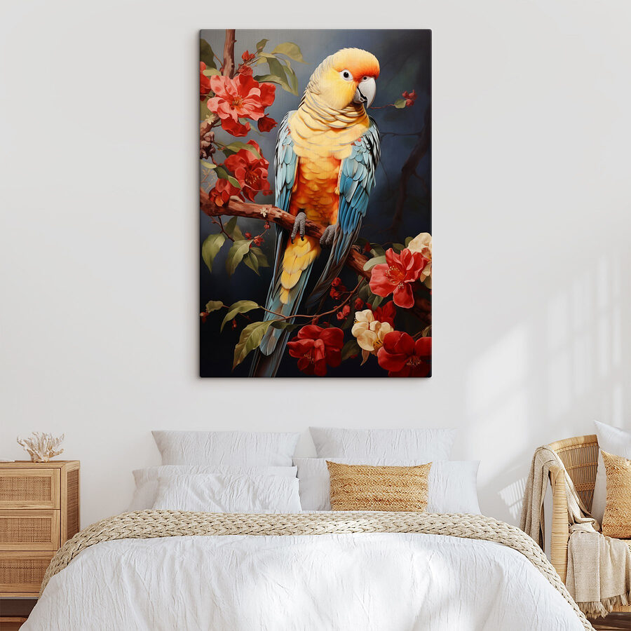Kleurrijke vogel zittend op een tak met bloemen