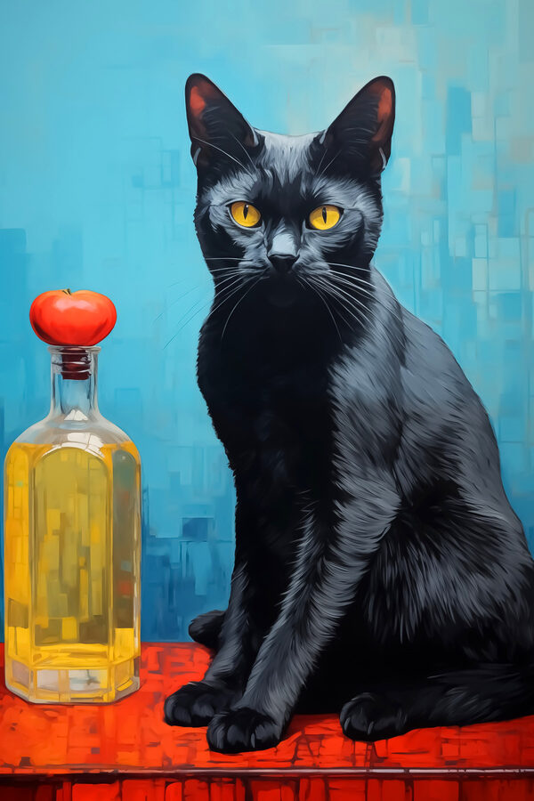 Zwarte kat naast een fles vloeistof Zwarte kat naast een fles vloeistof