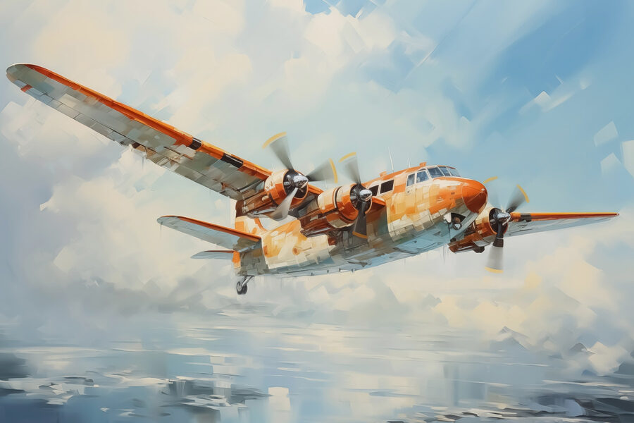 Een oranje en wit vliegtuig vliegend in de lucht