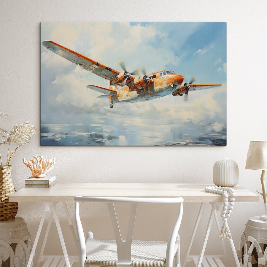 Een oranje en wit vliegtuig vliegend in de lucht
