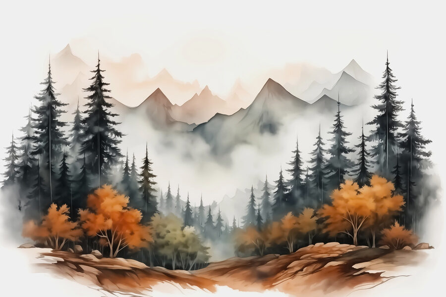 Schilderij van een bos en bergen Schilderij van een bos en bergen