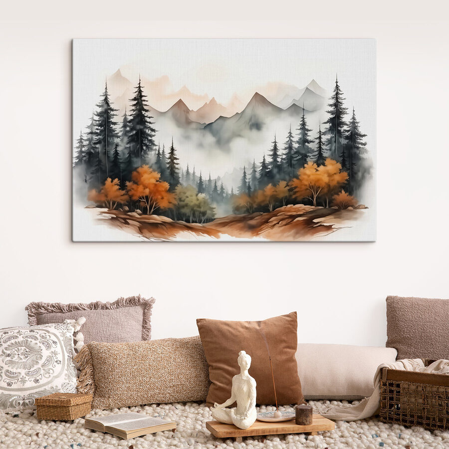 Schilderij van een bos en bergen Schilderij van een bos en bergen