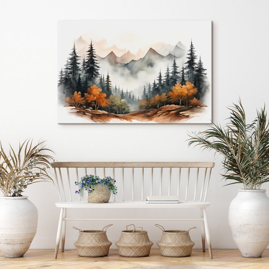 Schilderij van een bos en bergen Schilderij van een bos en bergen