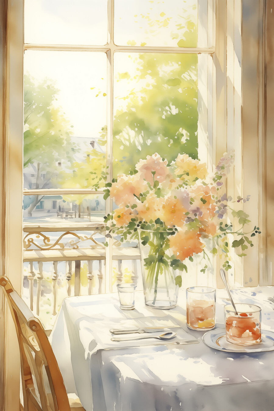 Aquarel van een tafel met bloemen en glazen