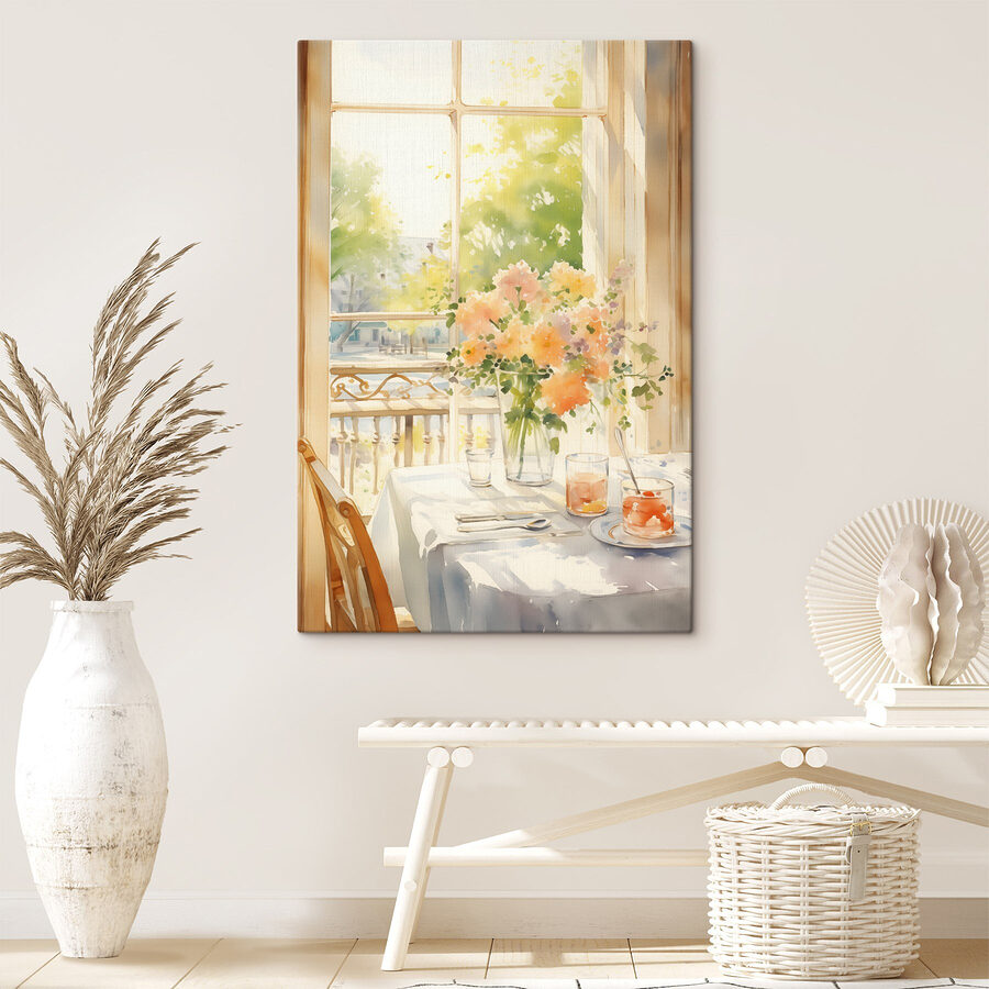 Aquarel van een tafel met bloemen en glazen