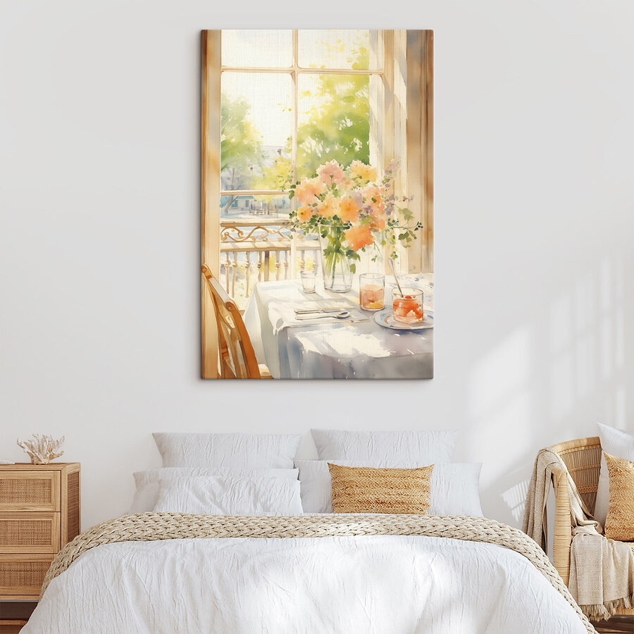 Aquarel van een tafel met bloemen en glazen