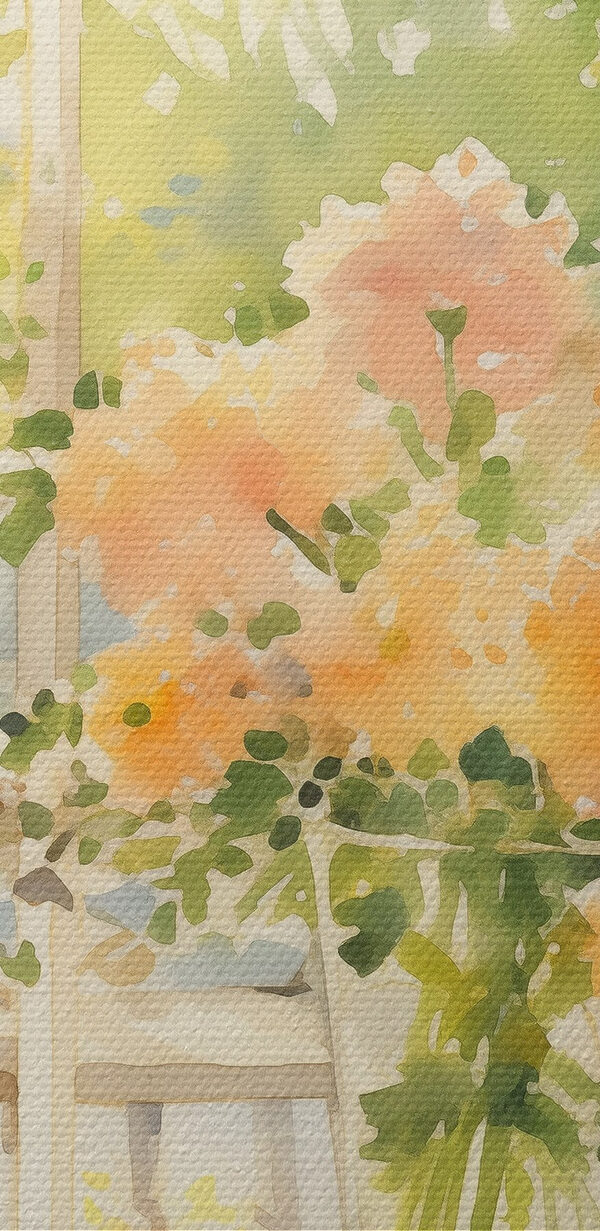 Aquarel van een tafel met bloemen en glazen Aquarel van een tafel met bloemen en glazen