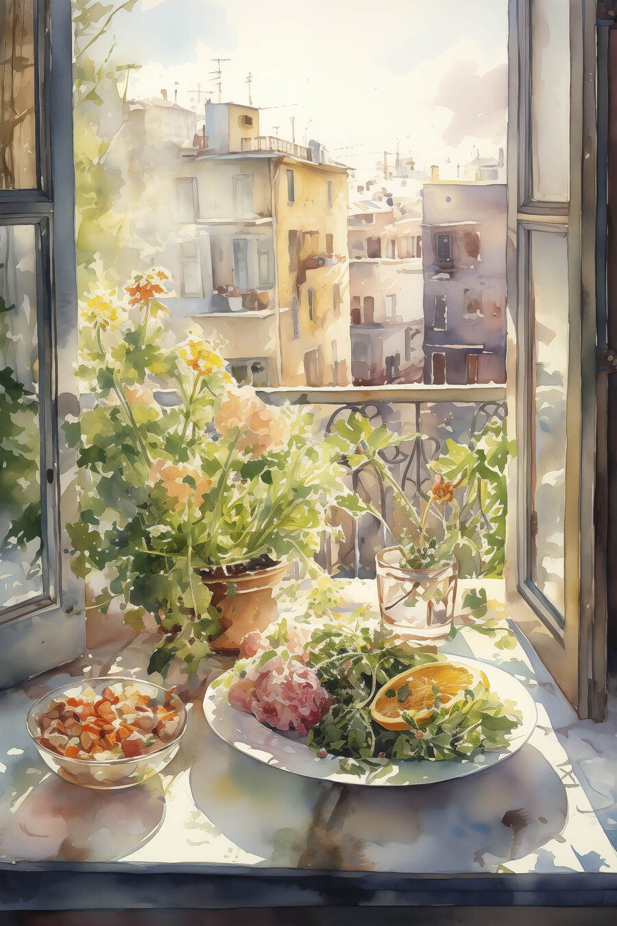 Aquarel van een tafel met eten en bloemen voor een raam Aquarel van een tafel met eten en bloemen voor een raam