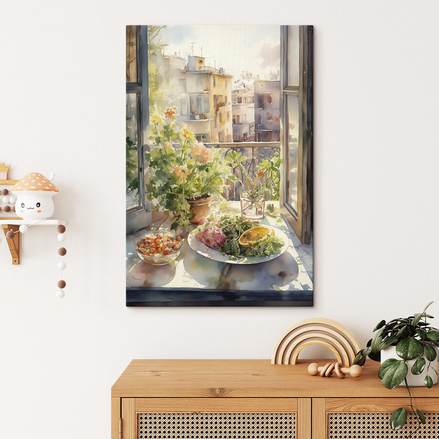 Aquarel van een tafel met eten en bloemen voor een raam Aquarel van een tafel met eten en bloemen voor een raam