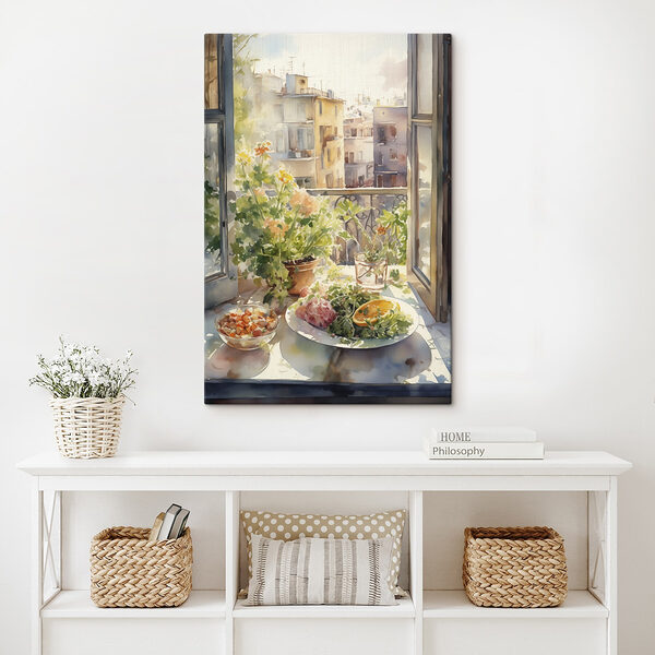 Aquarel van een tafel met eten en bloemen voor een raam Aquarel van een tafel met eten en bloemen voor een raam
