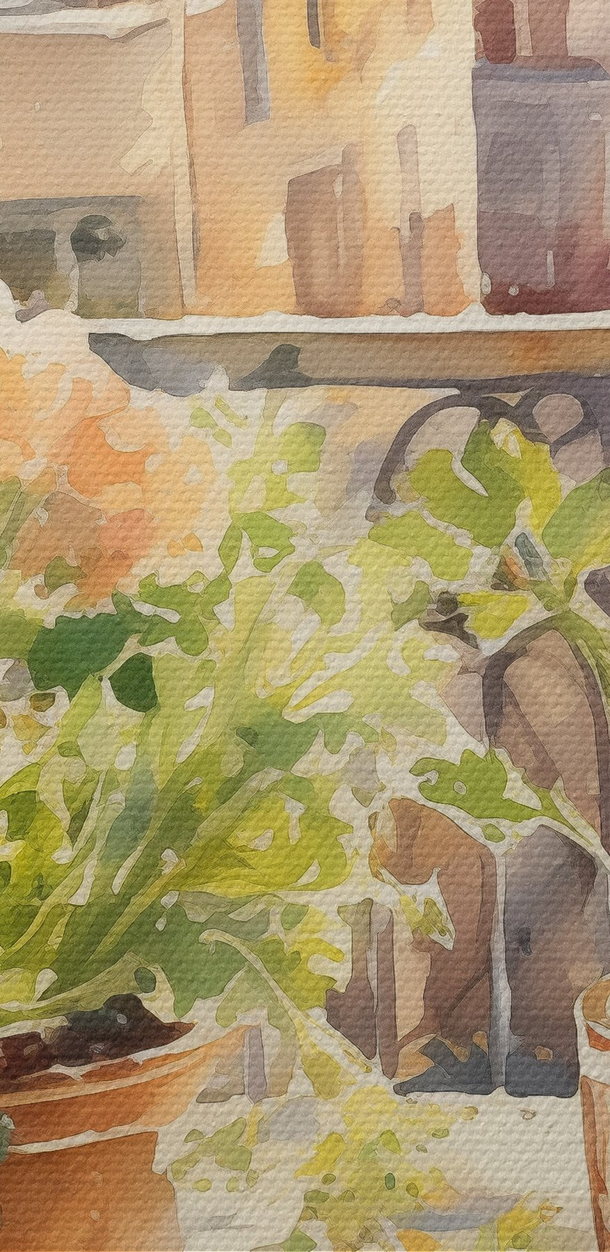 Aquarel van een tafel met eten en bloemen voor een raam Aquarel van een tafel met eten en bloemen voor een raam