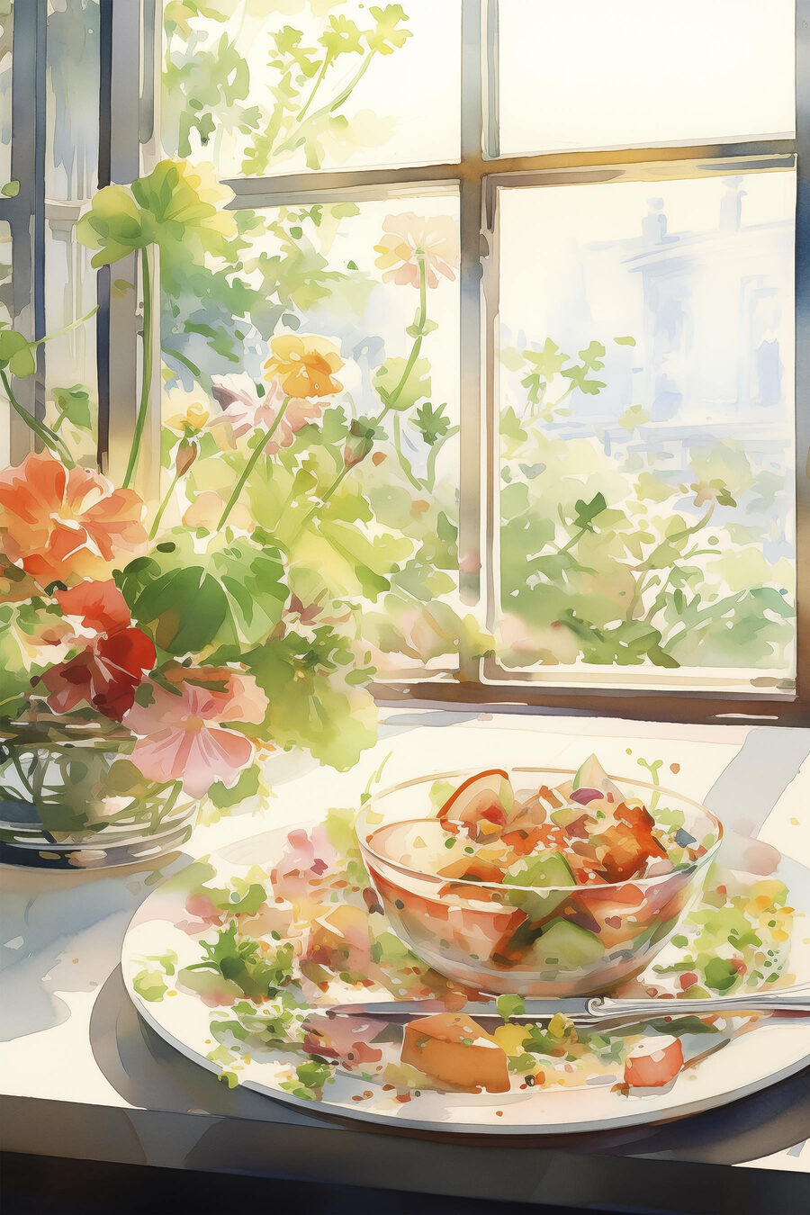 Aquarel van een schaal met eten en bloemen voor een raam
