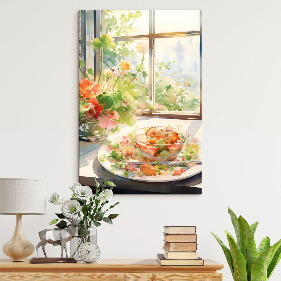 Aquarel van een schaal met eten en bloemen voor een raam