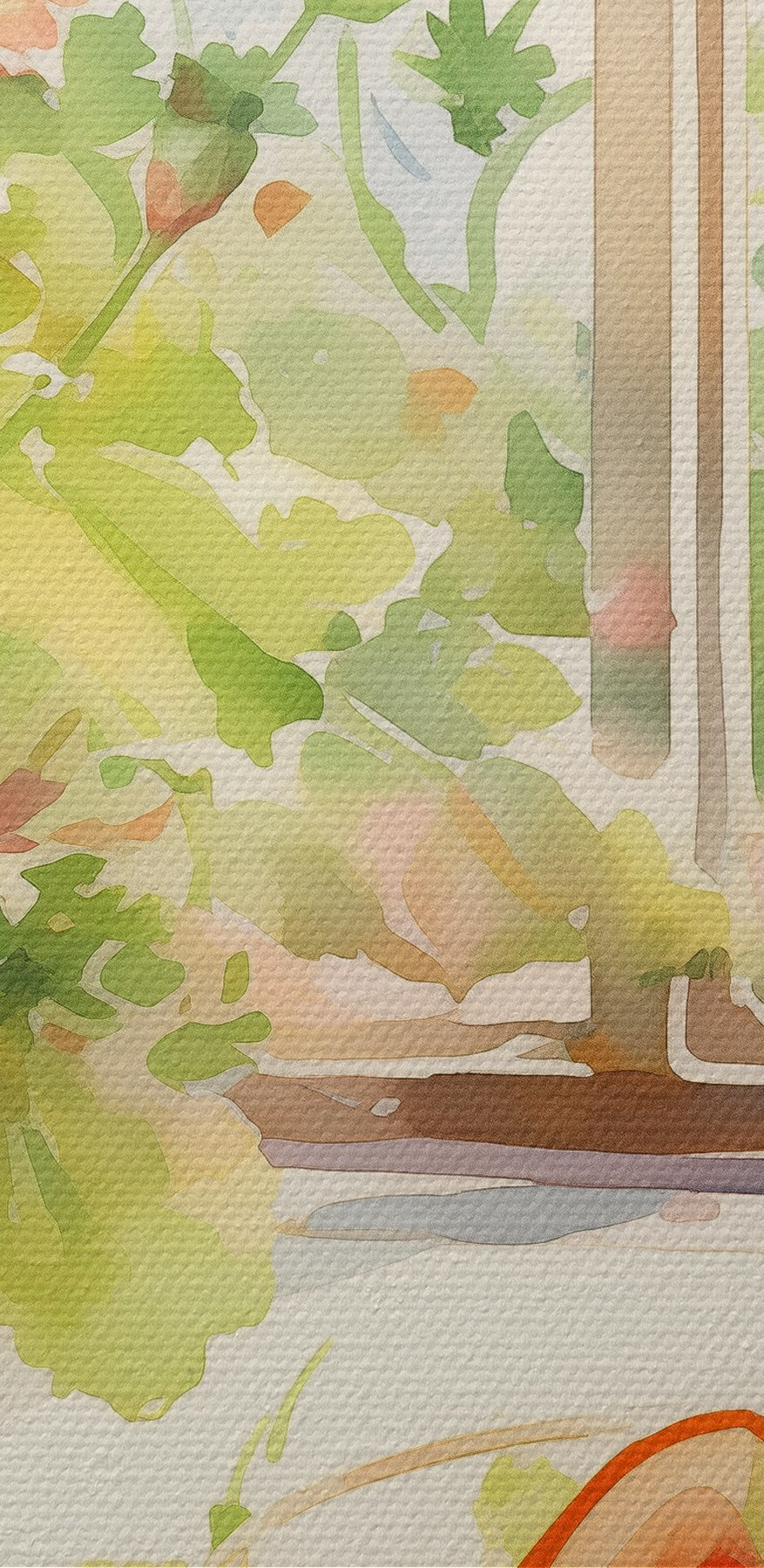 Aquarel van een schaal met eten en bloemen voor een raam