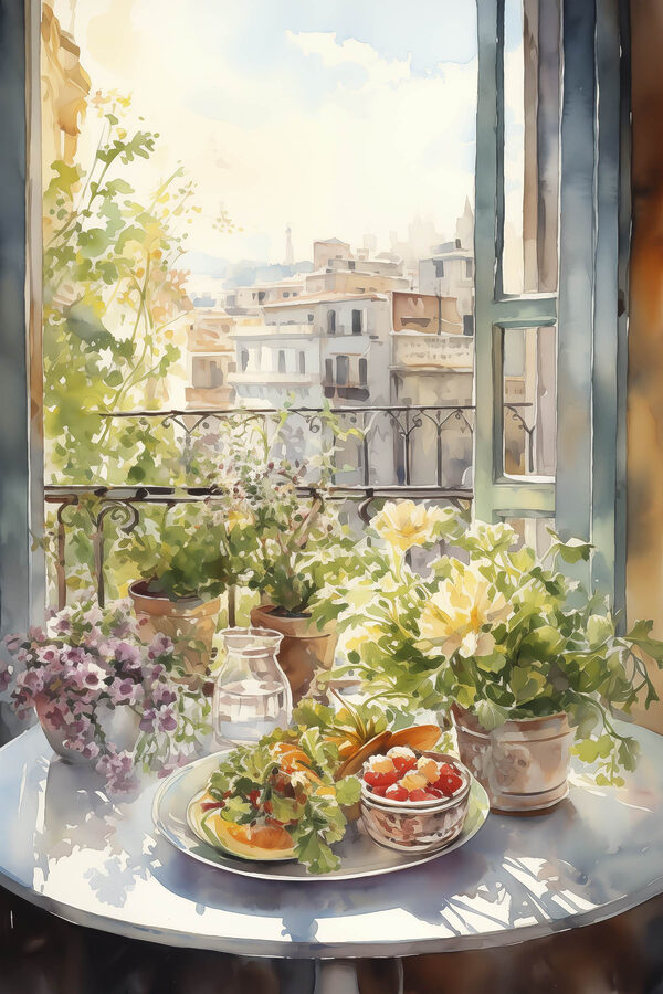 Aquarel schilderij van bloemen en fruit op een tafel voor een raam Aquarel schilderij van bloemen en fruit op een tafel voor een raam