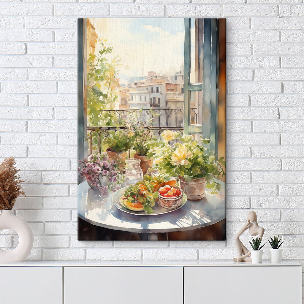 Watercolor painting of flowers and fruits on a table in front of a window Watercolor painting of flowers and fruits on a table in front of a window