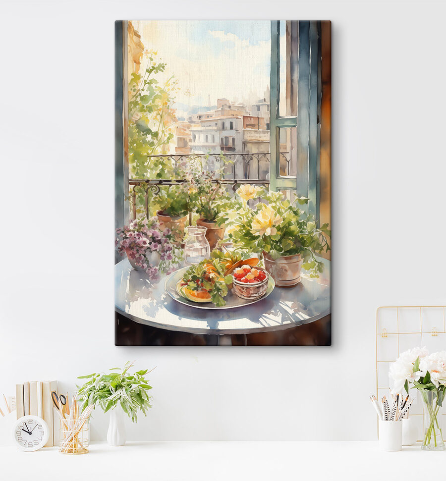 Aquarel schilderij van bloemen en fruit op een tafel voor een raam