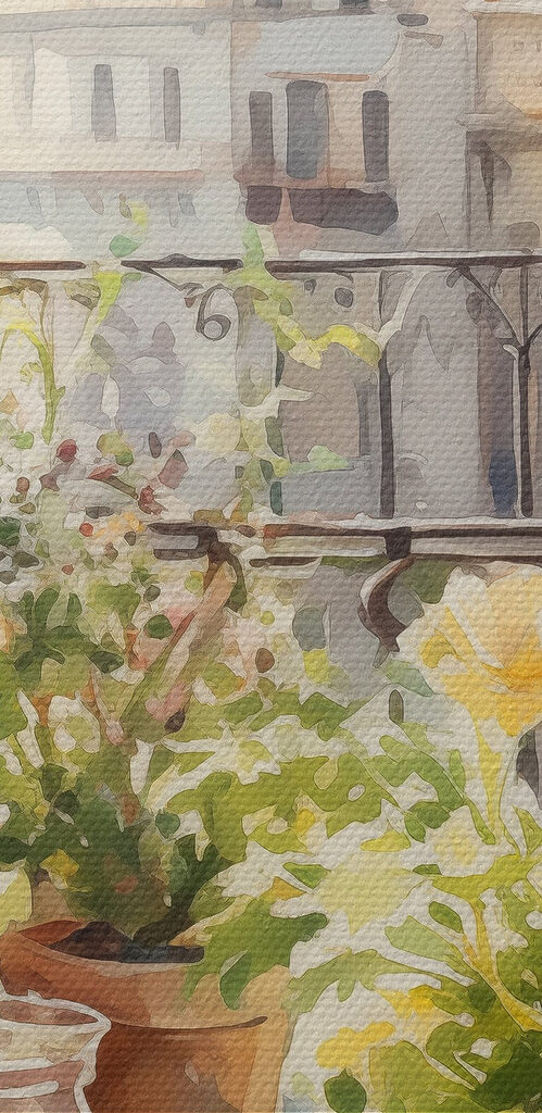 Watercolor painting of flowers and fruits on a table in front of a window Watercolor painting of flowers and fruits on a table in front of a window