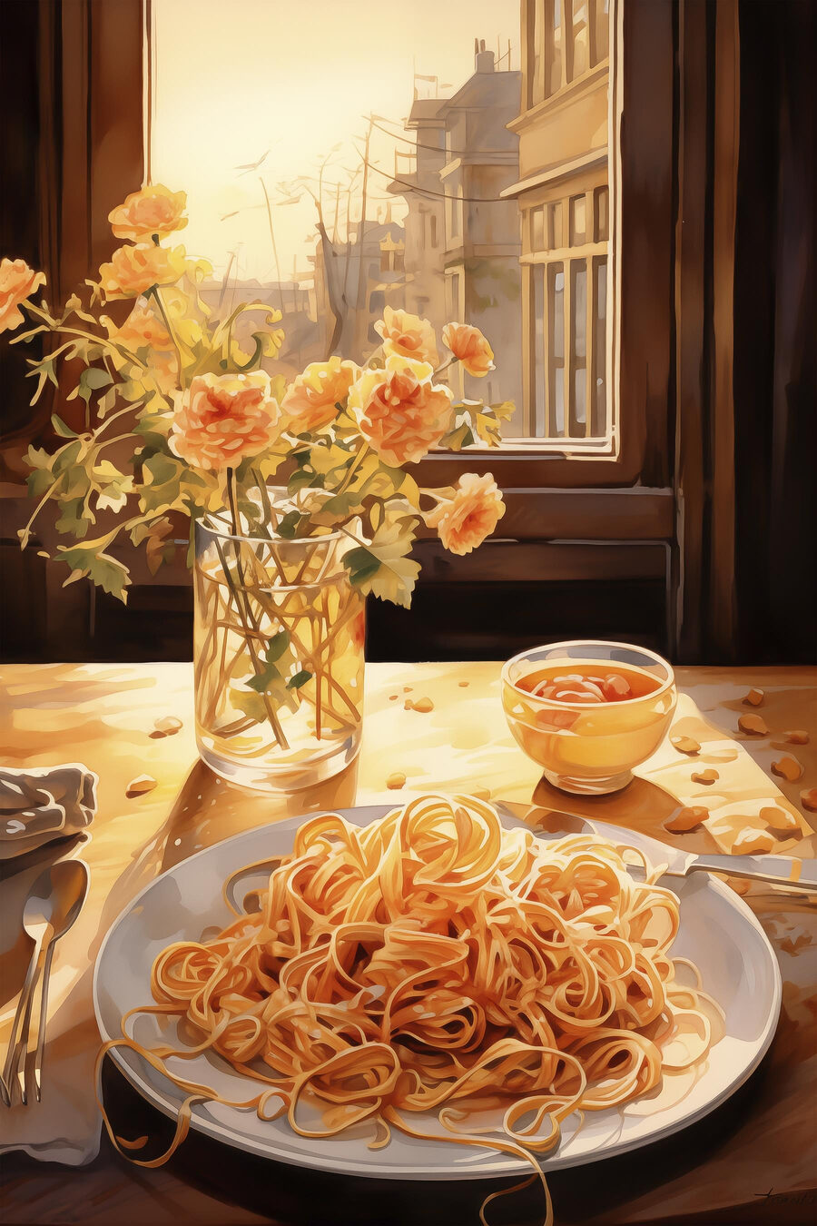 Bord pasta en een vaas bloemen