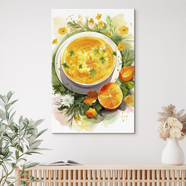 Kom sinaasappelsoep met bloemen en bladeren Kom sinaasappelsoep met bloemen en bladeren