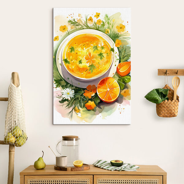 Kom sinaasappelsoep met bloemen en bladeren Kom sinaasappelsoep met bloemen en bladeren