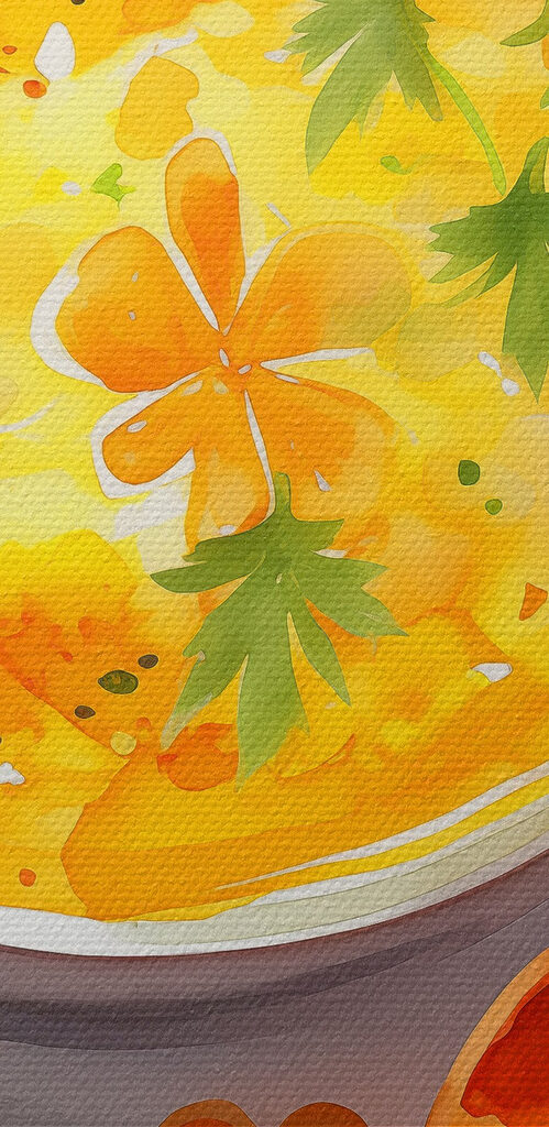 Bowl of orange soup with flowers and leaves Bowl of orange soup with flowers and leaves