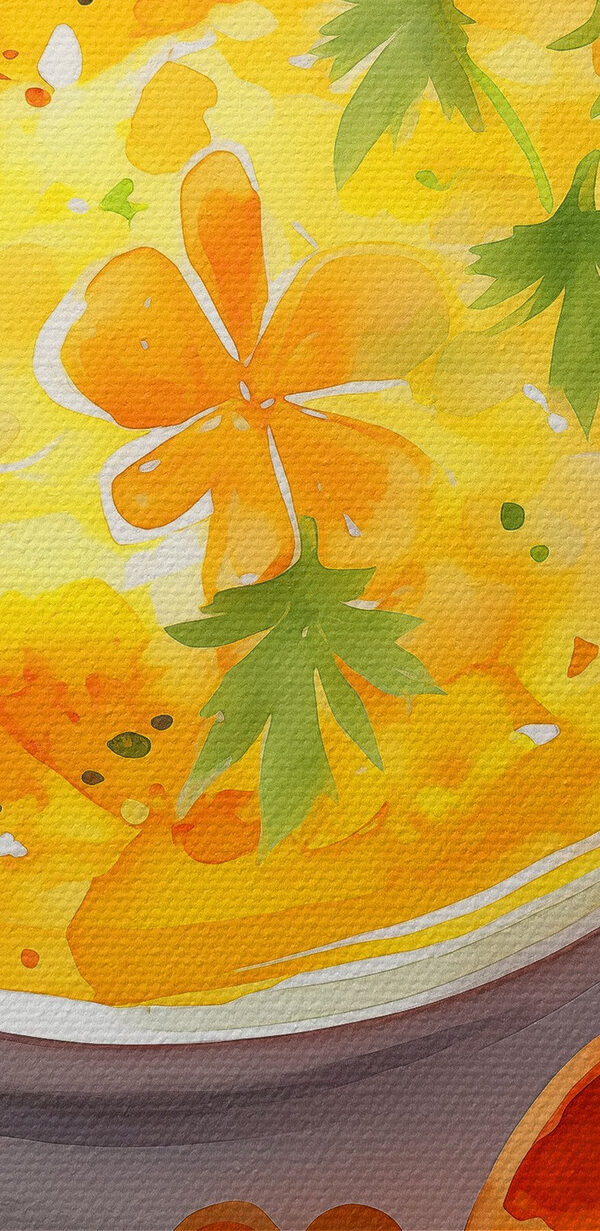 Kom sinaasappelsoep met bloemen en bladeren Kom sinaasappelsoep met bloemen en bladeren