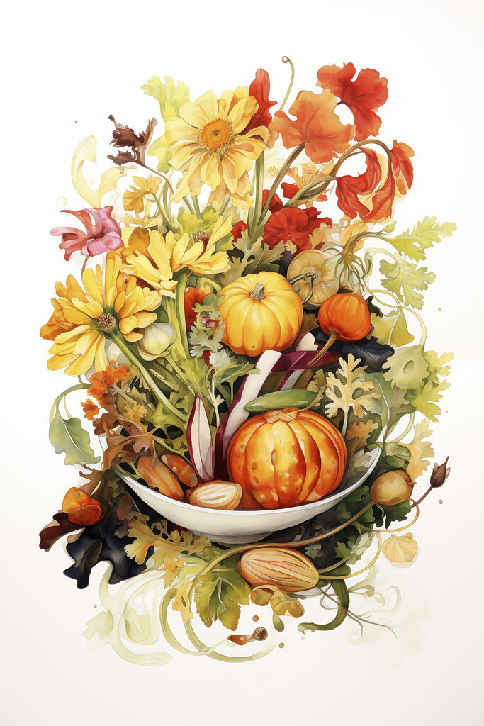 Watercolor painting of vegetables and flowers