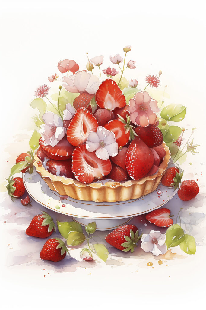 Watercolor of a pie with strawberries and flowers