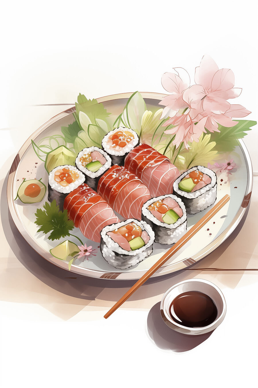 Bordje sushi met saus en bloemen Bordje sushi met saus en bloemen