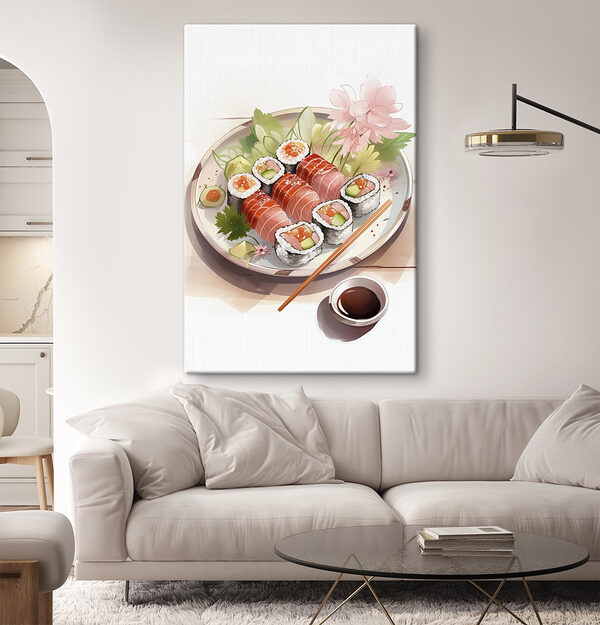 Bordje sushi met saus en bloemen Bordje sushi met saus en bloemen