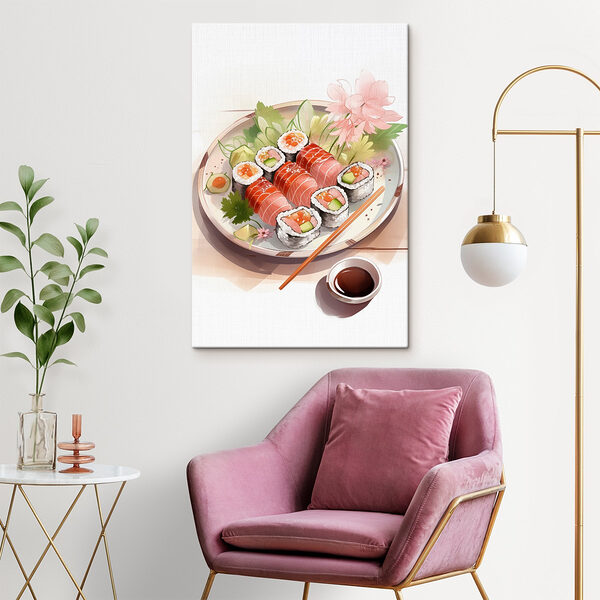 Bordje sushi met saus en bloemen Bordje sushi met saus en bloemen