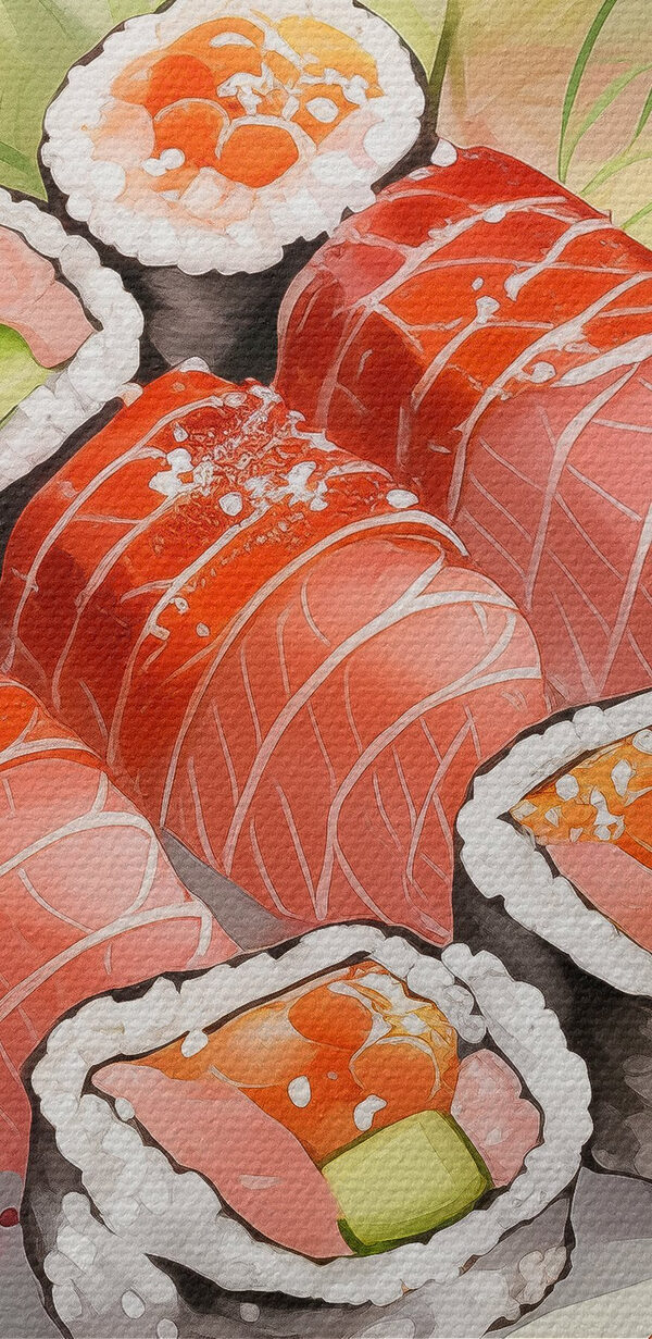 Bordje sushi met saus en bloemen Bordje sushi met saus en bloemen