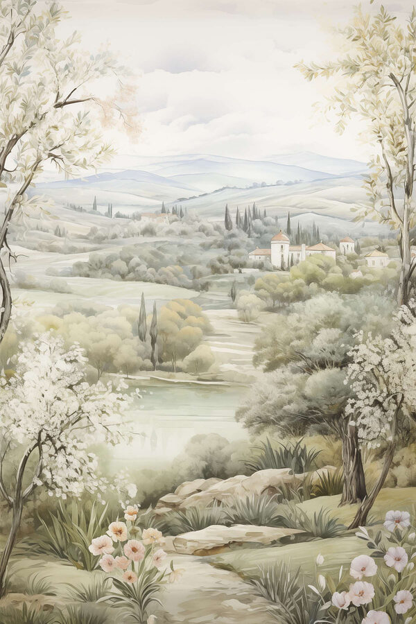 Schilderij van een landschap met bomen en een rivier Schilderij van een landschap met bomen en een rivier