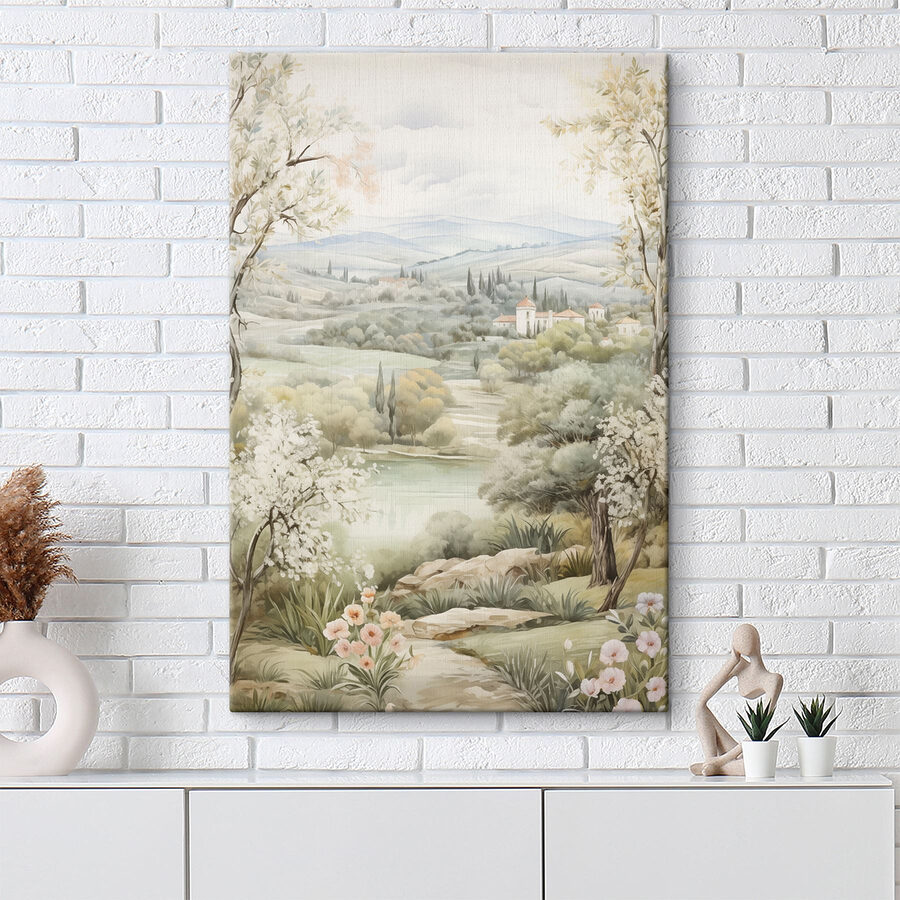 Schilderij van een landschap met bomen en een rivier Schilderij van een landschap met bomen en een rivier